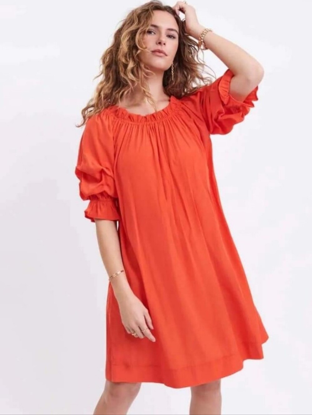 MERSEA x Anthropologie Tulum Ruffle Dress Sunset Orange Off Shoulder Medium - Picture 2 of 16